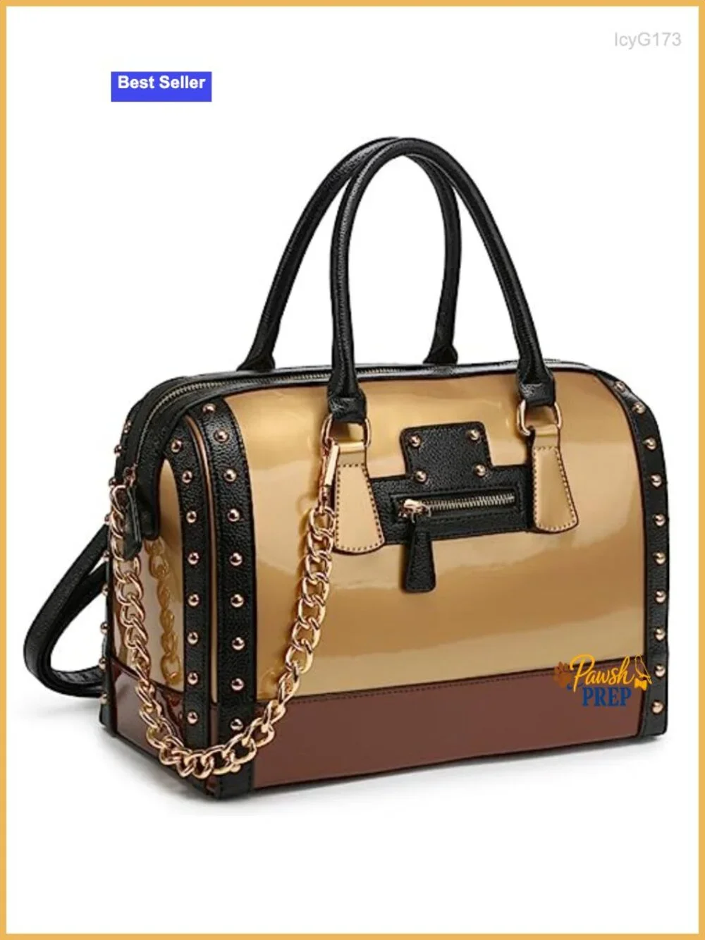 Patent Faux Leather Barrel Handbag Satchel Shoulder Purse with Rivets